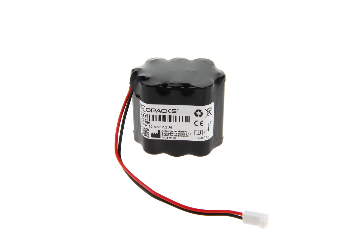 Black, rectangular NiMH battery pack from ICOPACKS with 6 connected cells, shown at an angle against a white background. White label: “NiMH 12 Volt 2.2 Ah”, model no. 96386. Red/black cable leading to a white 2-pin plug.