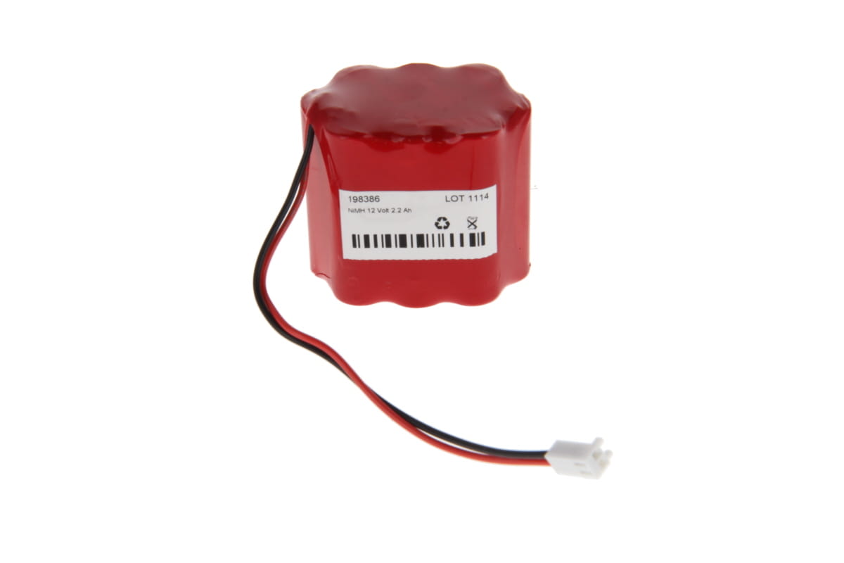 A red NiMH battery pack, compatible with Roma roller shutter motors, is displayed on a white background. A white label bears the inscription ‘NiMH 12 Volt 2.2 Ah’ and the number ‘198386’. Two cables, one red and one black, lead to a small white connector.