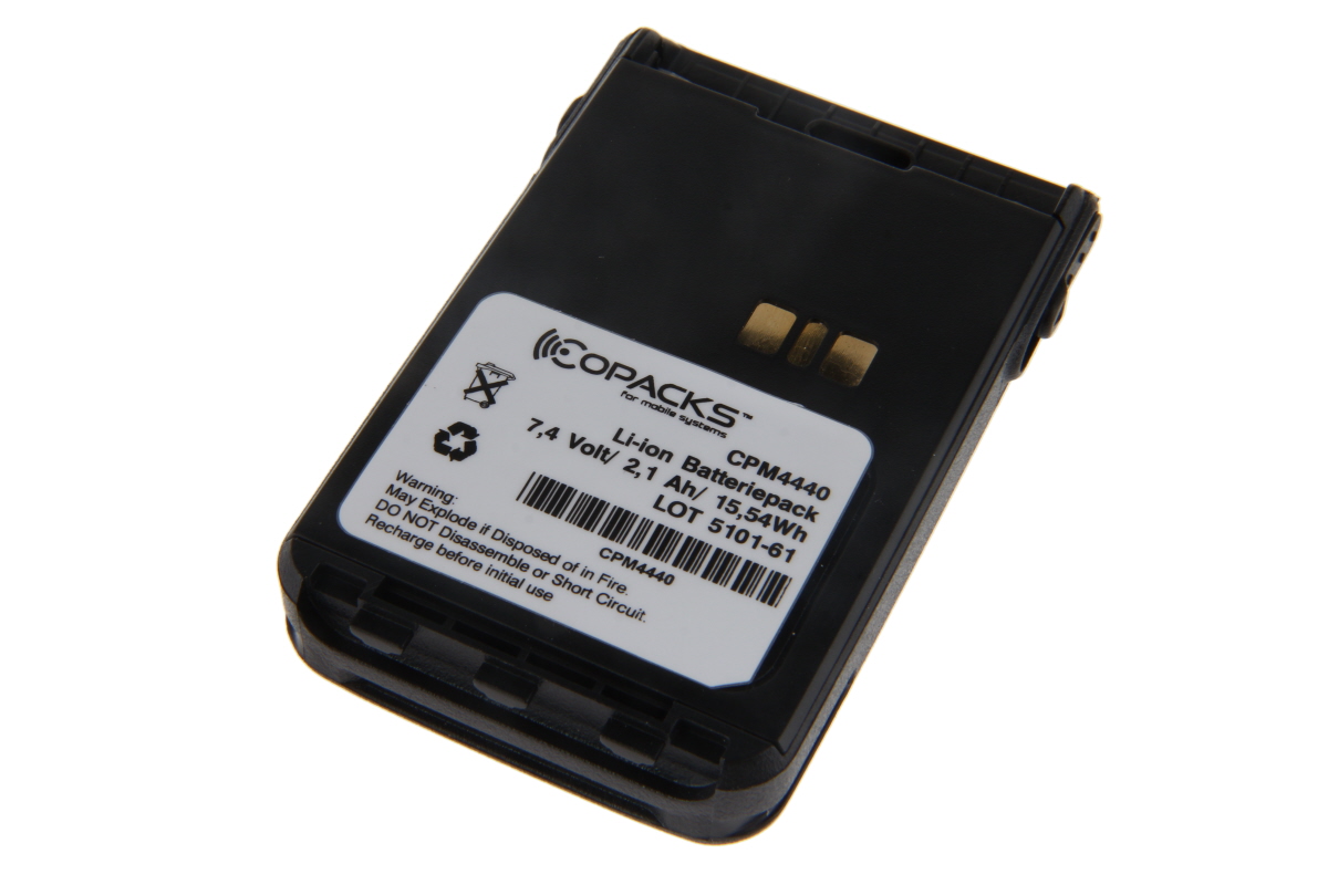 Svart CoPacks Li-Ion-batteri, rektangulärt med rundade hörn. Vit etikett: "COPACKS för mobila system", 7,4V/2,1Ah/15,54Wh CPM4440, varningar. 3 guldkontakter. För Motorola DP3441/DP3661/XiR E8600.