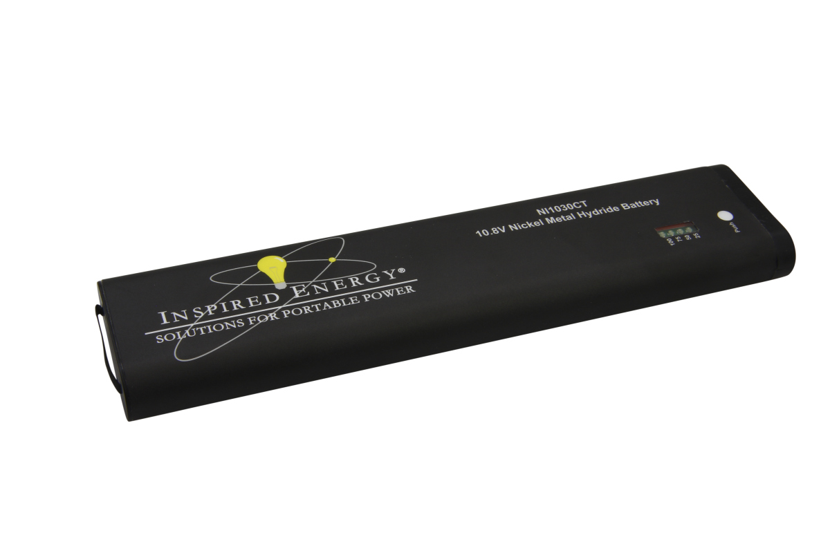 Black, oblong NiMH battery from Inspired Energy, labelled ‘10.8V Nickel Metal Hydride Battery’. With charge level indicator: 4 green LEDs (25/50/75/100%) activated by a ‘push’ button. Yellow light bulb logo visible.