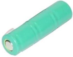 A single cylindrical NC rechargeable battery in a bright green casing, positioned at a slight angle. At one end, the silver positive terminal with a white insulating ring is visible. Compatible with Swissphone pagers such as the RE215 Sherpa.