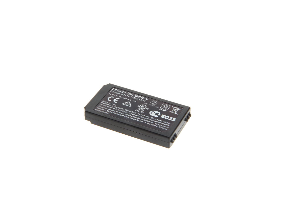 Black ‘ Danfoss ’ lithium-ion battery, model BT11K, with white lettering such as ‘Lithium-Ion Battery’, 3.7V, 1130mAh/4.2 Wh and safety instructions. CE and recycling logos; original battery for Ikusi radio remote controls.