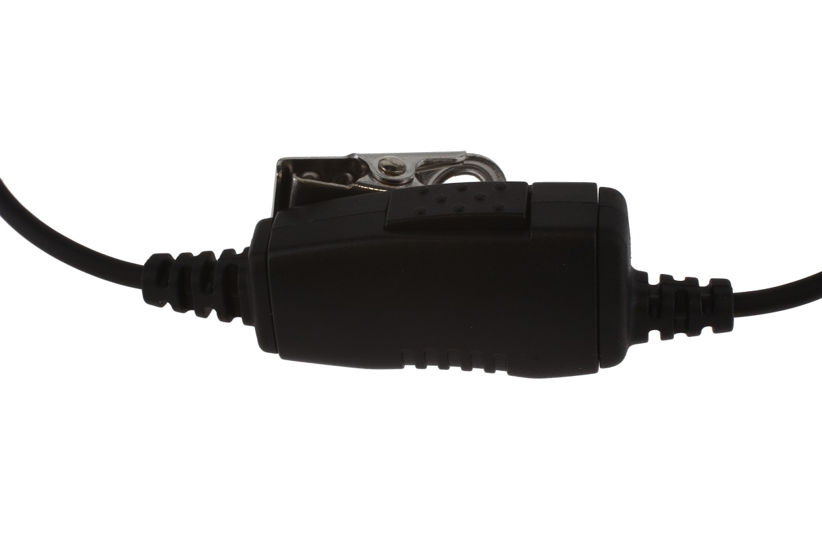 Botón de intercomunicación PTT negro CoPacks GES-H02. Carcasa rectangular con esquinas redondeadas, cables negros a ambos lados con alivio de tracción. Clip metálico plateado para la ropa. Compatible Motorola SL, SL4000 y 2600.