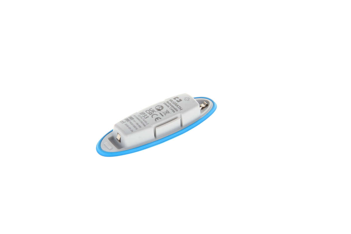 Genuine McGrath Li-ion battery, model 341-100-000, oval, light grey with a blue rim. Markings: 3.8V, 0.52Ah, 1.97Wh, IP33. Metal contacts at each end for connection to the MAC video laryngoscope.