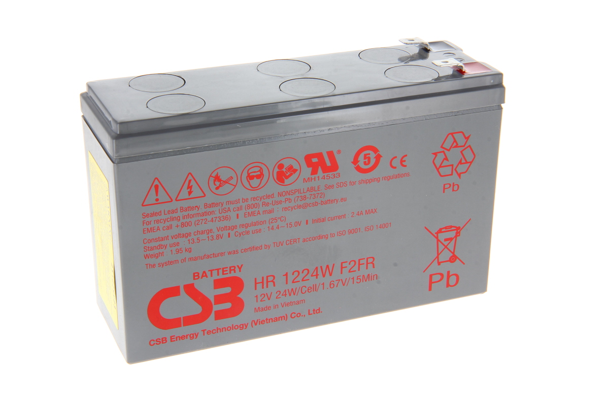 Ett grått, rektangulärt CSB-bly-syra-batteri mot vit bakgrund. På framsidan syns röda varningssymboler, återvinningsinformation och tekniska uppgifter såsom HR 1224W F2FR och 12V 24W. Överst syns två metallanslutningar.