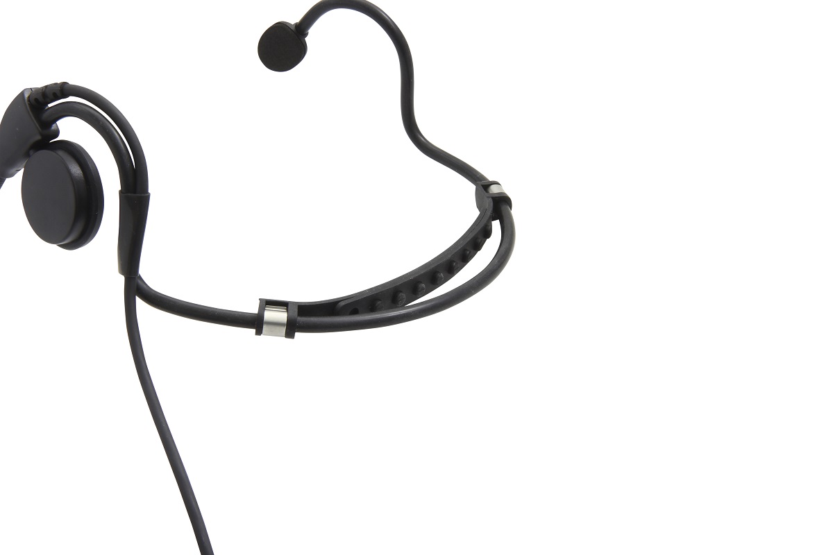 Cuffie con archetto da collo Flex CoPacks, nere, su sfondo bianco. Un unico auricolare per l’orecchio sinistro e microfono flessibile a collo di cigno fissato all’archetto. Cavo dall’auricolare.