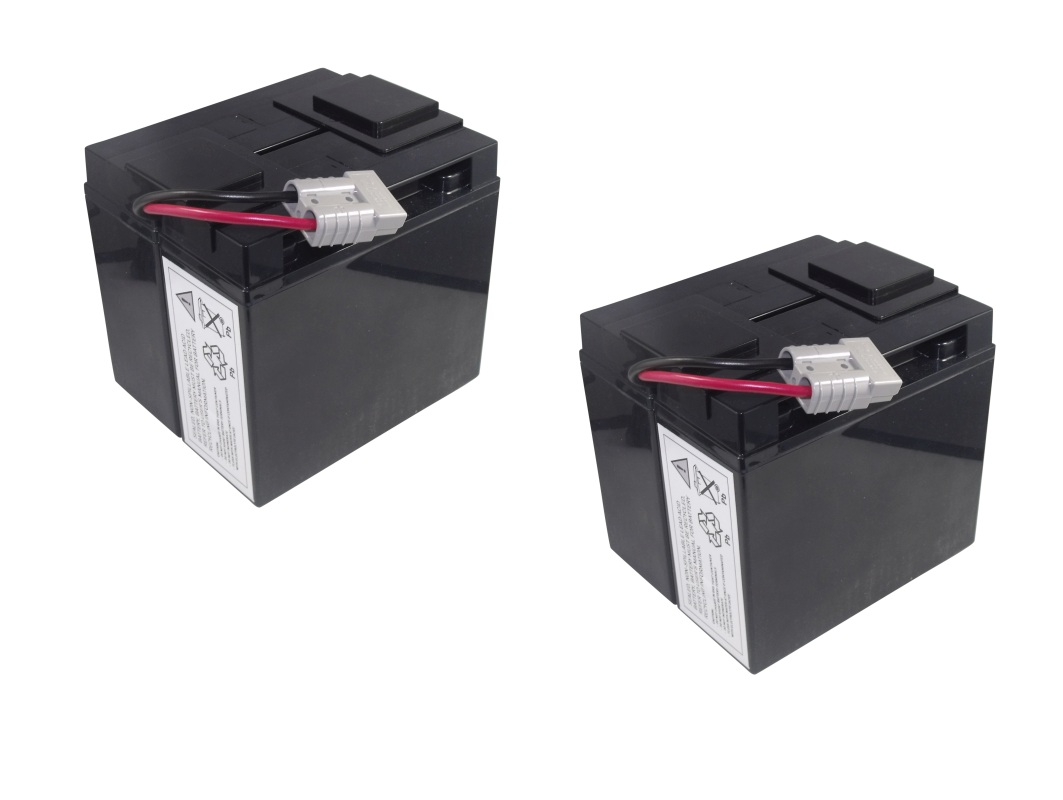 Due batterie di ricambio identiche, nere, parallelepipede con bordi arrotondati, sono affiancate su sfondo bianco. In alto, ciascuna ha un connettore grigio con cavi rossi e neri. Davanti, etichette bianche di avvertenza sullo smaltimento.