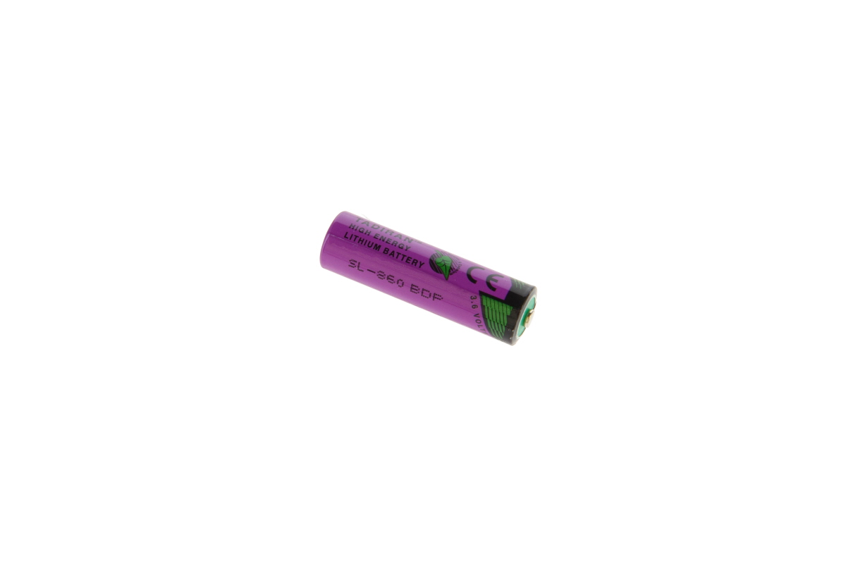 A single purple Tadiran SL860S lithium battery lies diagonally on a white background. The cylindrical casing bears the inscriptions ‘Tadiran’, ‘Lithium Battery’, ‘3.6 Volt’ and ‘SL-860 EDP’. There are green and black markings on the top.