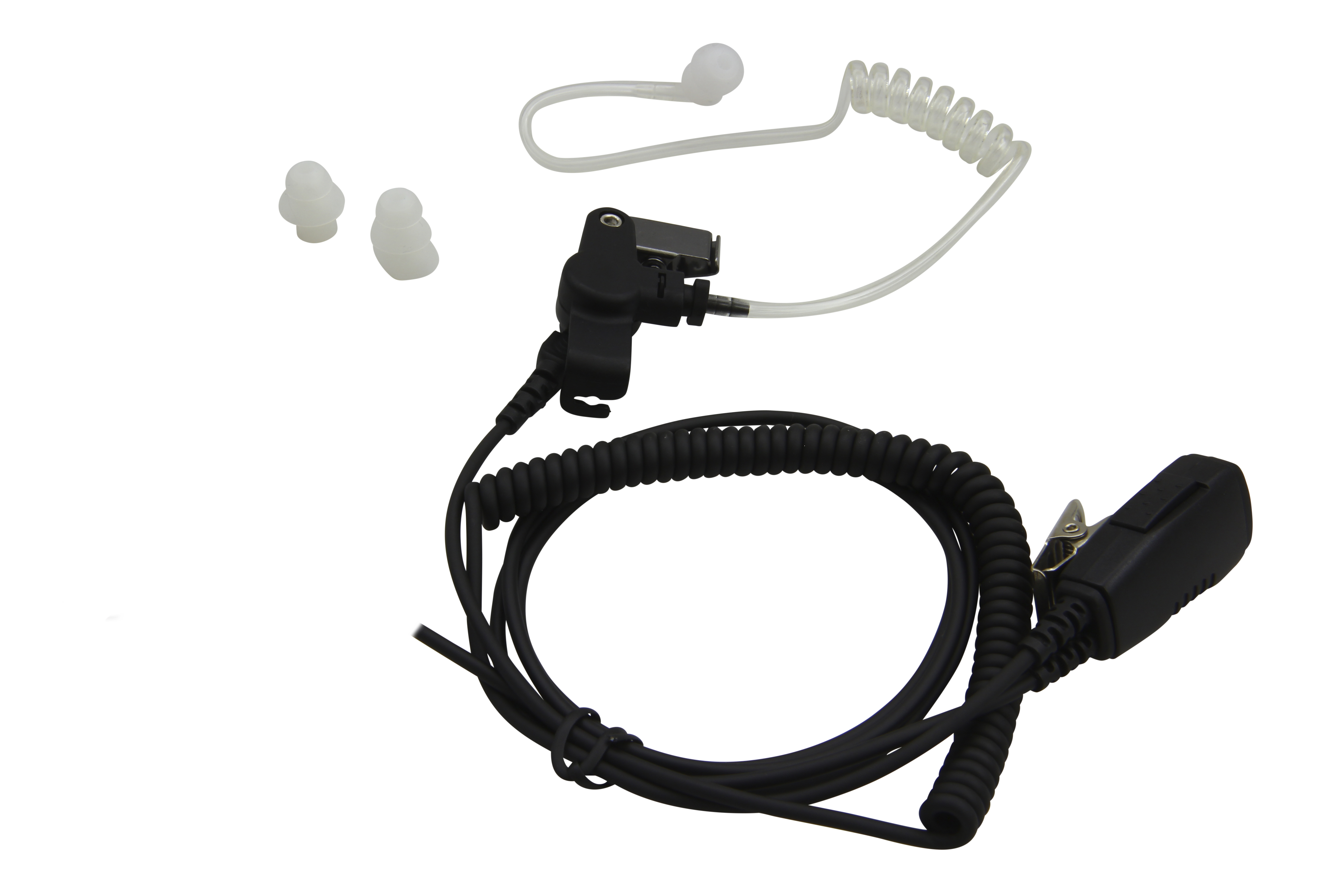 Black ‘ CoPacks ’ headset for concealed wear. Features a PTT unit with clip, a black coiled cable to the radio and a transparent coiled tube for a discreet earpiece. Two silicone ear tips included.