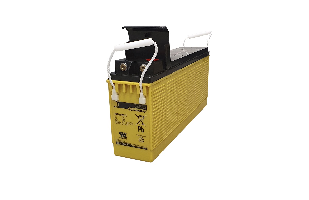Yellow SUN lead-fibre battery (AGM) SB12-110A-FT with a black lid and ribbed sides. Two white rope handles on top, plus positive and negative terminals with screw terminals. Labelling: 12V 110Ah.