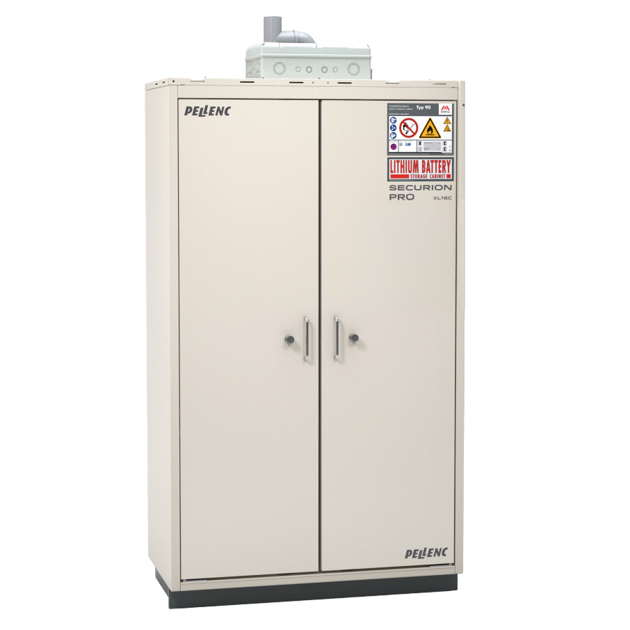 A light beige PELENC SECURION Type 90 safety cabinet for lithium-ion batteries, featuring two doors, metal handles and a ventilation pipe on the top. The right-hand door bears various warning labels relating to batteries and hazardous substances.