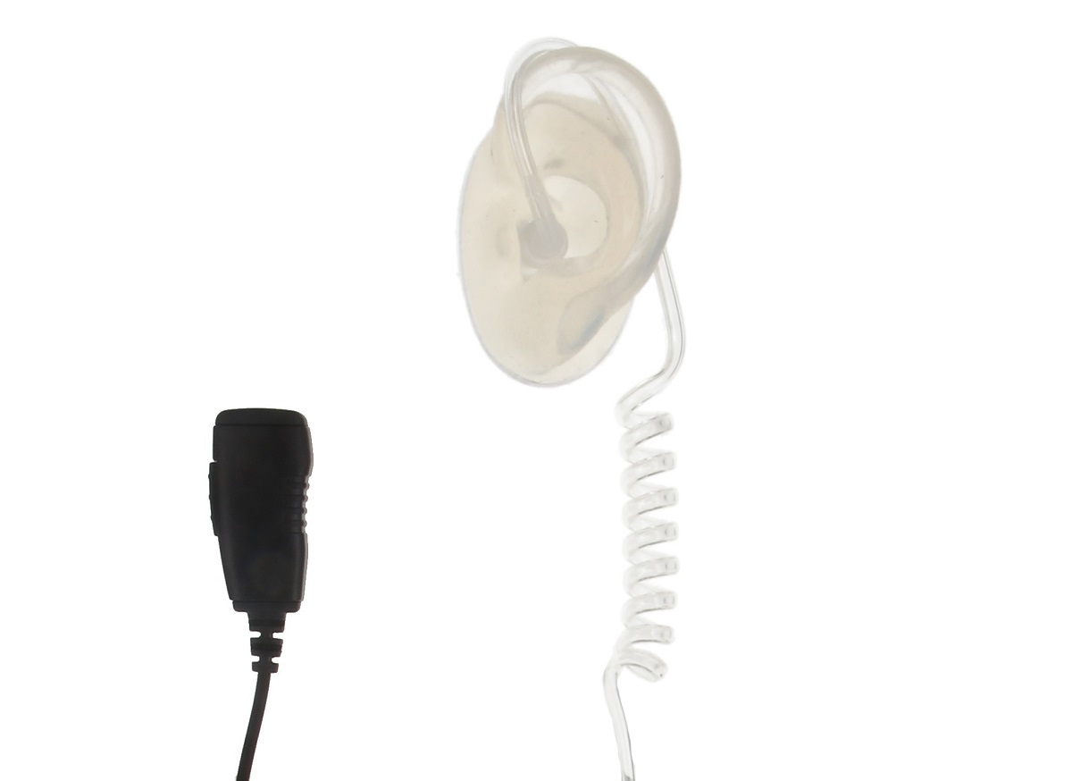 Auricolare discreto con microfono dinamico rettangolare nero, cavo e auricolare con tubo acustico trasparente. Dotato di auricolare sagomato trasparente e tubo acustico a spirale per una comunicazione discreta e nascosta.