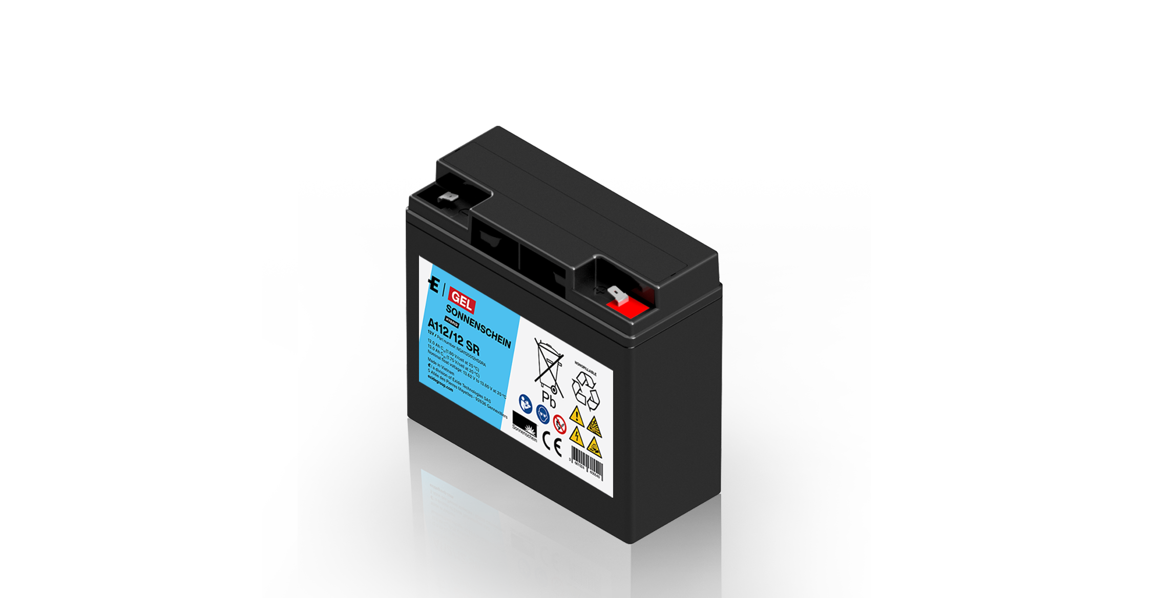 Batteria al piombo-gel nera rettangolare Sonnenschein/Exide, modello A112/12 SR. Etichetta blu con dati del produttore, simboli di avvertenza e valori 12V, 13Ah. Terminali superiori, uno rosso.