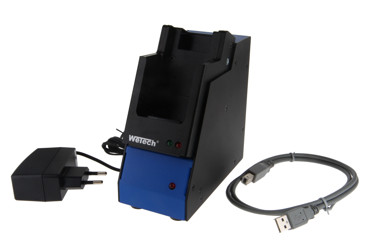 Wetech Estación de programación y carga USB en negro/azul para radios STP de Sepura. Incluye cable USB y adaptador de corriente. Con el logotipo de Wetech y luces de estado para cargar/programar la serie STP 8000/9000.