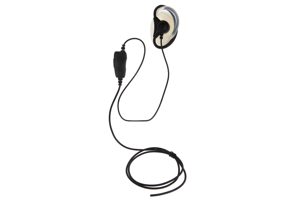 Auriculares negros con ganchos transparentes y ajustables en forma de D. Cable negro fino que conecta con la unidad de control compacta con micrófono; una parte en la parte inferior está enrollada sin apretar. Compatibles con Motorola, ST7000 y LEX L11.