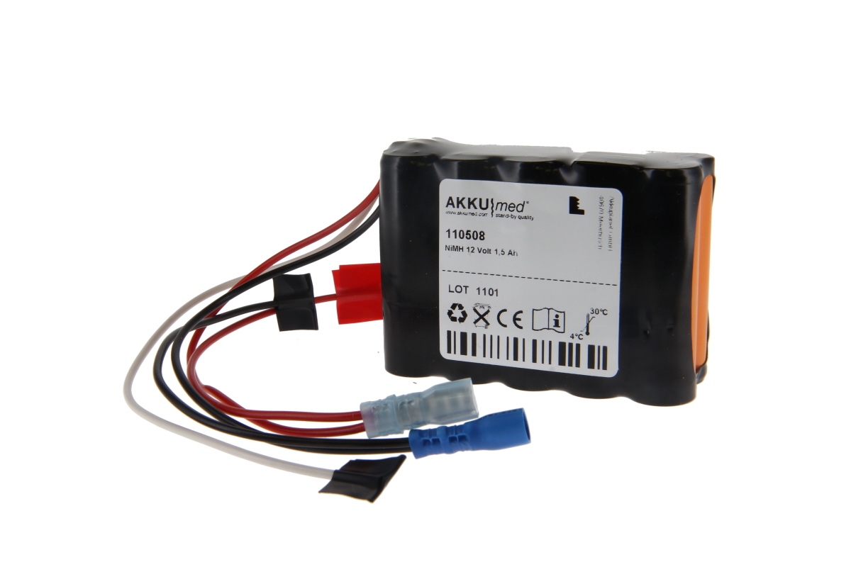 Black, rectangular NiMH battery from AKKUmed (12 V, 1.5 Ah) for Fahl suction pumps. Coloured cables (red, black, white) at the top leading to red and blue spade connectors. White label visible.