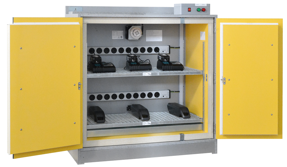 Open grey battery safety charging cabinet with two bright yellow doors. Inside are two perforated metal shelves: three black Li-ion batteries charging on the top shelf and three on the bottom. Both have power strips, and a fan is on the top shelf.