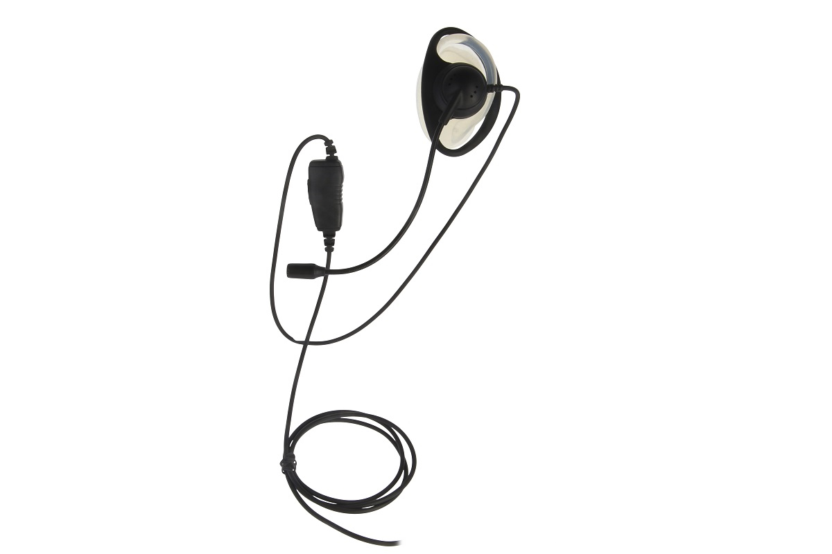 CoPacks Motorola Cuffie ES-P06 nere con archetto trasparente e cavo a spirale, unità Push-to-Talk (PTT) integrata e piccolo microfono a clip. Compatibili con MTP850FuG, DP3600 e DP4400, isolate su sfondo bianco.