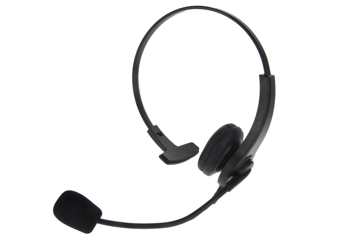 Cuffia monaurale nera per CoPacks, con archetto regolabile e microfono flessibile a collo di cigno. Auricolare imbottito sull'archetto sopra la testa. Microfono con copertura in schiuma rivolta in avanti, compatibile con le radio Motorola.