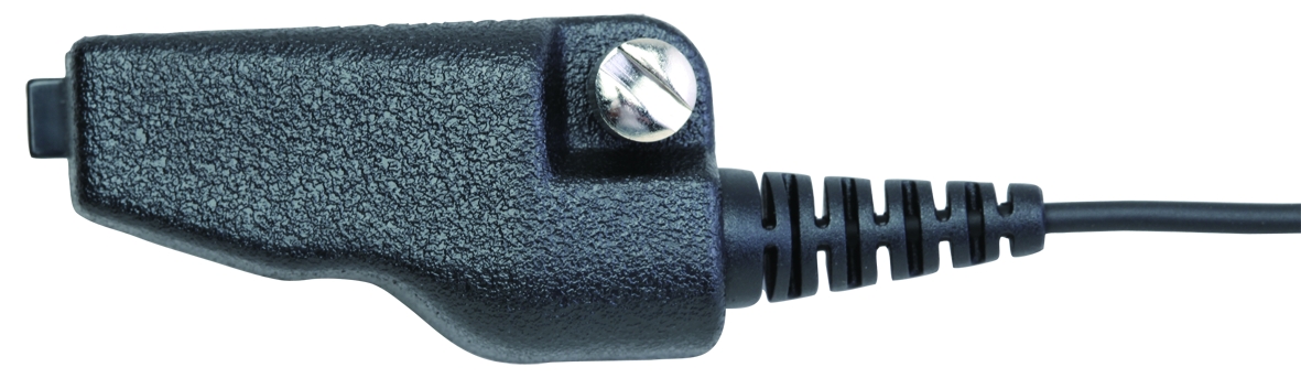 Close-up view of a black, robust speaker microphone housing, model GE-XM03. Matt, heavily textured surface. A silver slotted screw at the top. On the right, a section of black, ribbed cable transitions into a smooth cable to act as a strain relief.