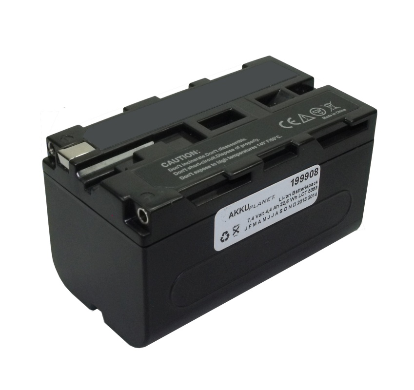 Batería Li‑ion negra rectangular para cámara termográfica Dräger Talisman X3. Contactos metálicos plateados en un extremo, ranuras arriba. Inscripciones blancas: «akkuplanet», «Li‑Ion Batteriepack», «7,4 V 4,4 Ah», instrucciones.