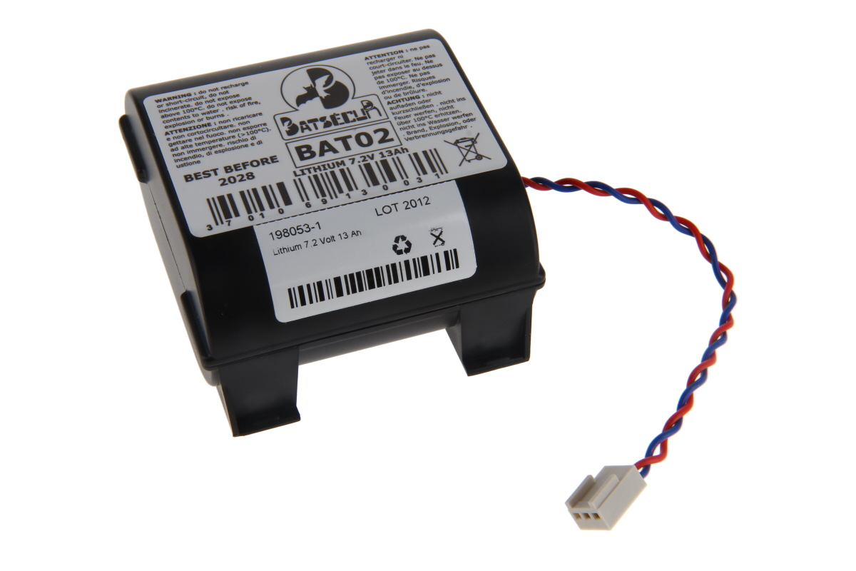 Black rectangular lithium battery with a white label: ‘BATSECLA BAT02’, ‘LITHIUM 7.2V 13Ah’, ‘BEST BEFORE 2028’, safety warnings and a barcode. Red and blue cables twisted together at the side with a white plug; two feet at the bottom.