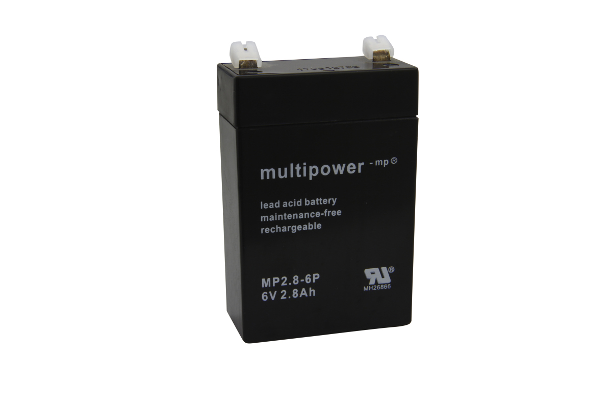 Svart Multipower blybatteri MP2.8-6P, 6V 2,8Ah, med två vita Faston-anslutningar på ovansidan. Höljet är märkt med Multipower och "lead acid battery", "maintenance-free" och "rechargeable" i vitt.
