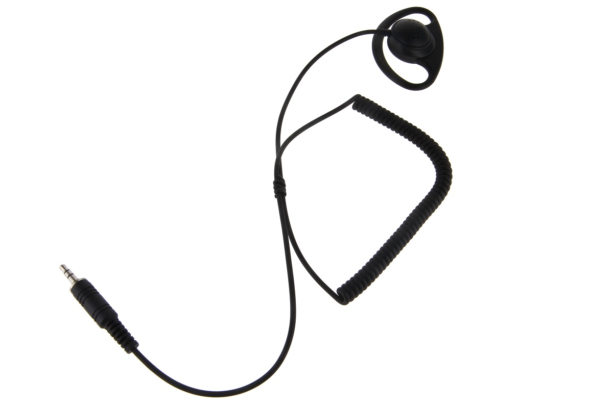 Schwarzer Ohrhörer mit flexiblem D-förmigem Ohrbügel für angenehmen Sitz. Spiralkabel verbindet ihn mit glattem Kabel, endet in silbernem 3,5-mm-Klinkenstecker. CoPacks Ohrhörer für Bedienteile.