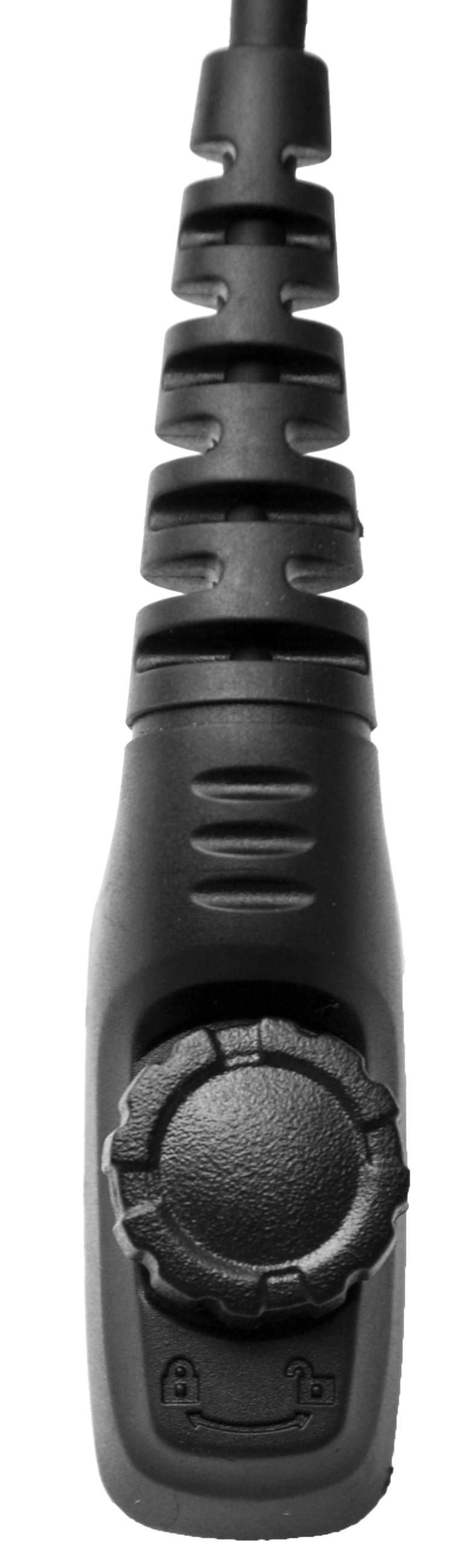 Ingrandimento di un connettore/pannello di controllo nero per microfono con altoparlante CoPacks, compatibile con EADS/Siemens TPH700. Pressacavo flessibile scanalato, sezione cilindrica e manopola zigrinata con simboli di blocco.