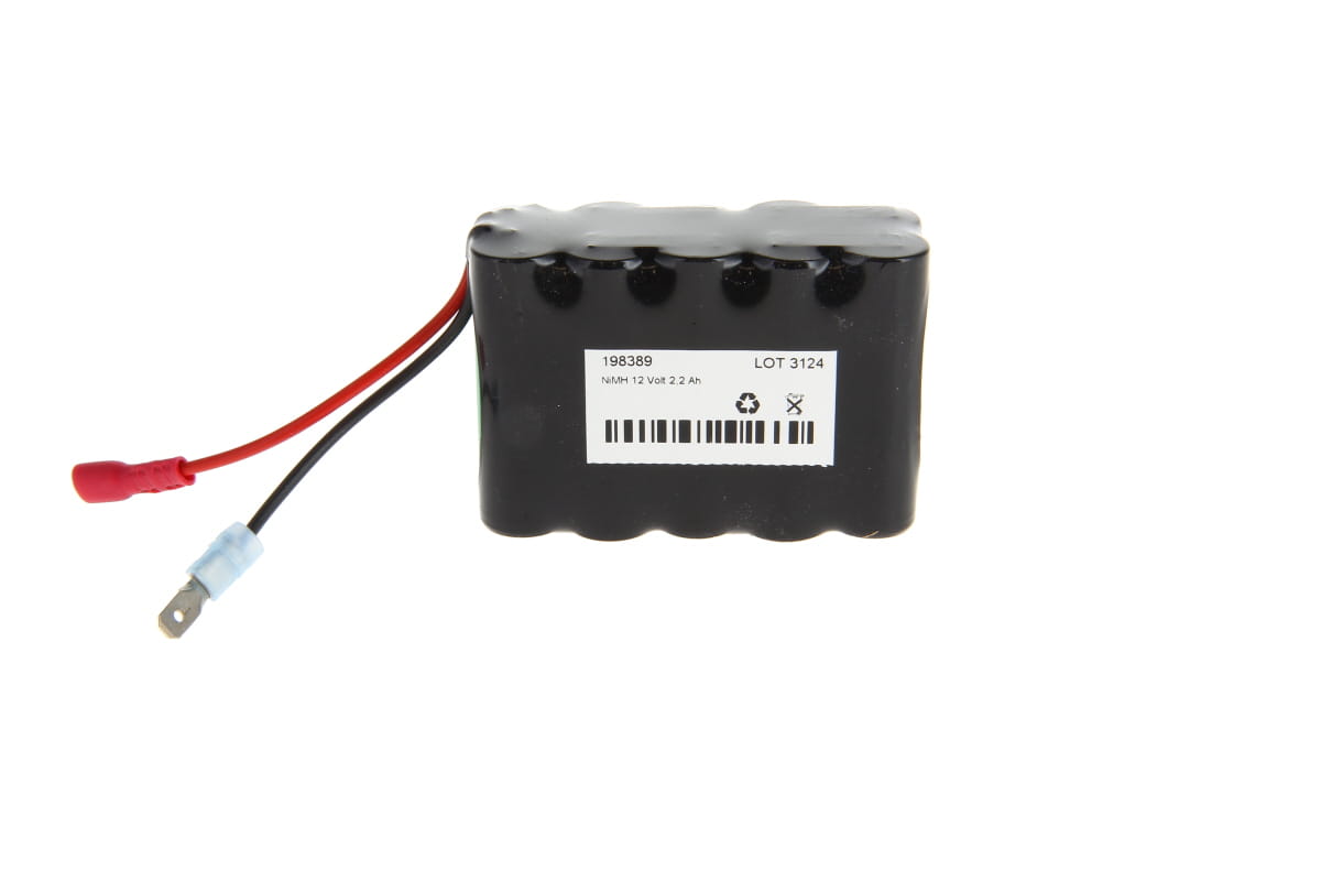 Black NiMH battery marked ‘NiMH 12 Volt 2.2 Ah’ and fitted with two connection cables: a red cable with a cable lug and a black cable with a flat plug. Suitable for Rotamatic roller shutter motors, with item number and barcode.