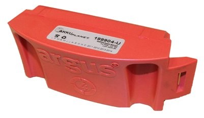 Batería NiMH de color naranja brillante adaptada para la cámara termográfica Argus 4. Carcasa ergonómica con los logotipos «argus» y «4» grabados. Etiqueta en la parte superior: akkuplanet, 199904-U, 7,2 V, 2,1 Ah. Contactos dorados visibles a la derecha.