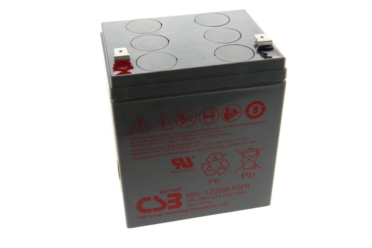 Grey, rectangular CSB lead-gel battery HRL1225WF2-FR with two silver 6.3mm Faston terminals on top. Red label featuring warning symbols, recycling instructions and specifications such as 12V and 25W per cell – high-current rated.