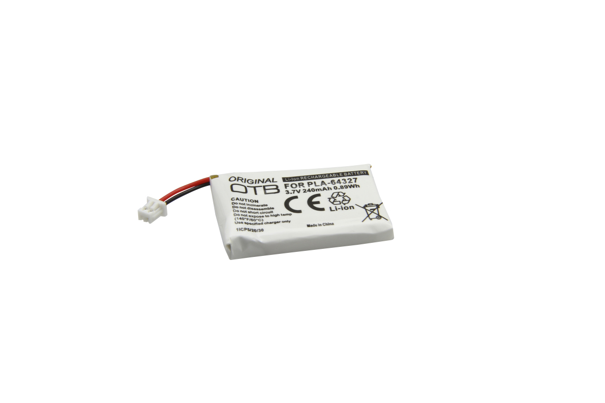 Batteria ai polimeri di litio rettangolare bianca per cuffie come Plantronics GN Netcom CS50/CS60. Sull'etichetta: modello PLA-64327, 3,7 V 240 mAh, CE e avvertenze relative agli ioni di litio. Cavo nero/rosso con piccolo connettore bianco.