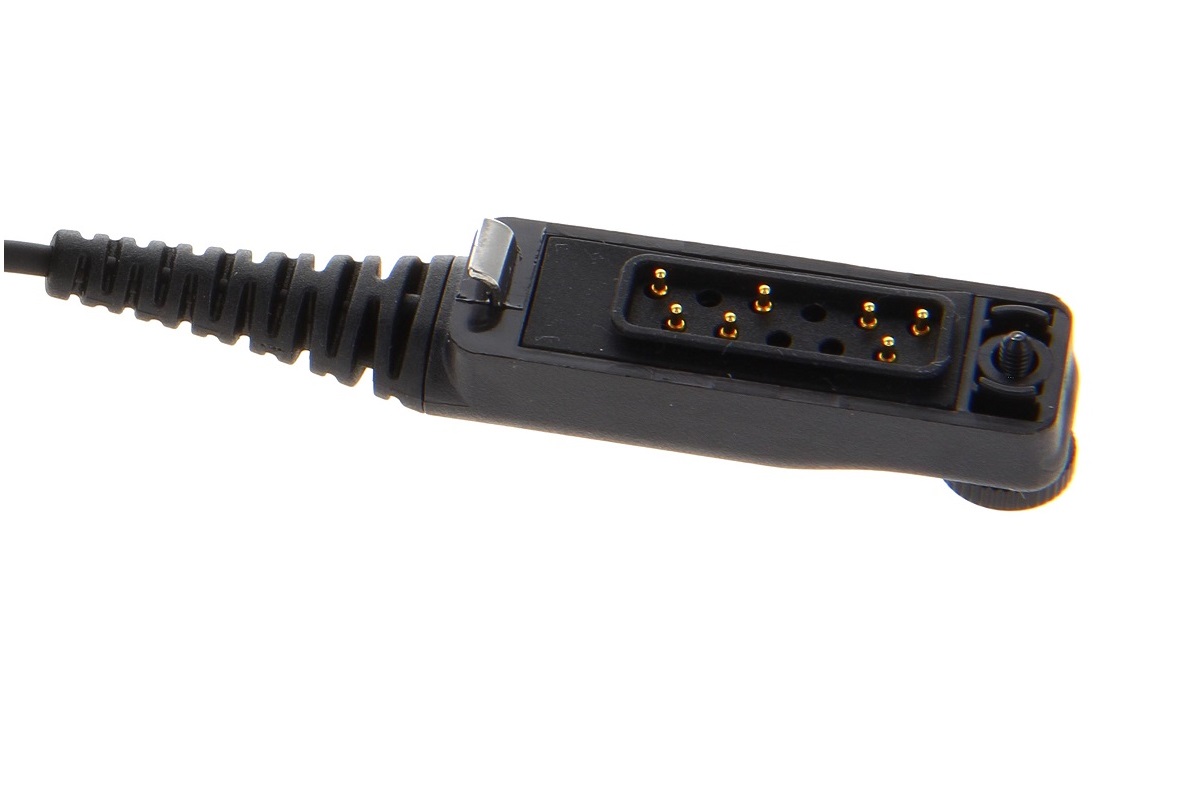 Black, ultra-slim headset connector, featuring several gold-plated contact pins. Cable attached to the housing via a ribbed strain relief. For CoPacks headsets, compatible with Sepura STP/SC two-way radios.