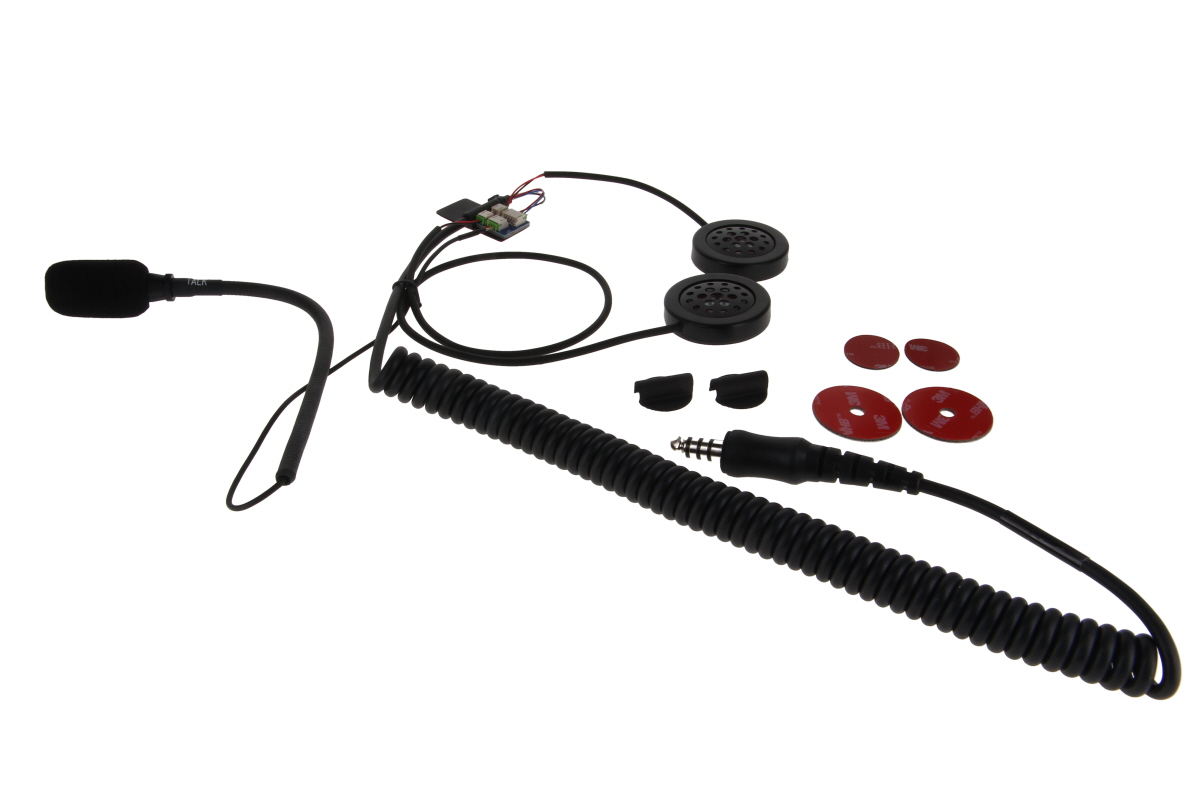 TITAN kit de reequipamiento de intercomunicación para casco Motokit con micrófono electret en cuello de cisne, dos altavoces planos, cable espiral largo y conector Nexus 02. Sistema negro sobre fondo blanco con accesorios.