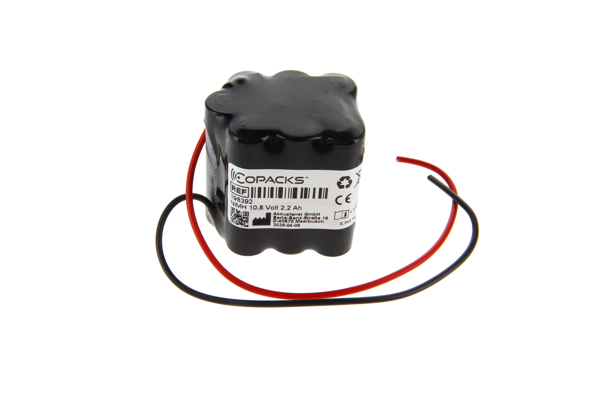Blocco batteria NiMH nero compatto, con celle saldate e pellicola protettiva, cavi rossi e neri. Etichetta bianca Winmatic con specifiche: NiMH 10,8 V 2,2 Ah. Per motorizzatori finestre Win COPACKS.