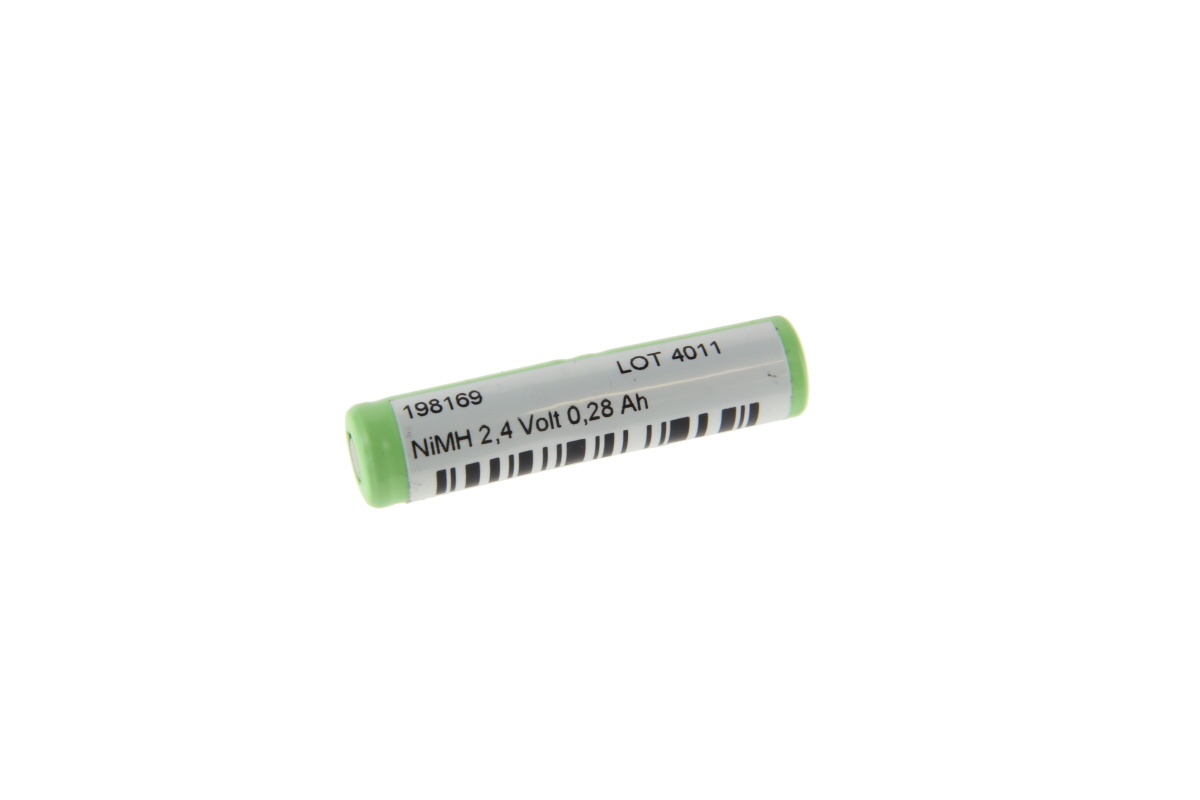 Batteria NiMH cilindrica verde per cercapersone (es. Eurobos Zeus) con etichetta bianca. Riporta "NiMH 2,4 Volt 0,28 Ah", codice articolo e codice a barre. Su sfondo bianco.