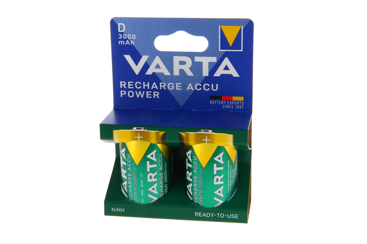 Zwei Varta NiMH Akku Mono D Batterien in blauer/grüner Blisterverpackung, einsatzbereit. Auf den grün-gelben Akkus: VARTA, 'RECHARGE ACCU POWER', 3000 mAh, 1.2V. Verpackung mit Varta-Logo und 'Ready2Use'.