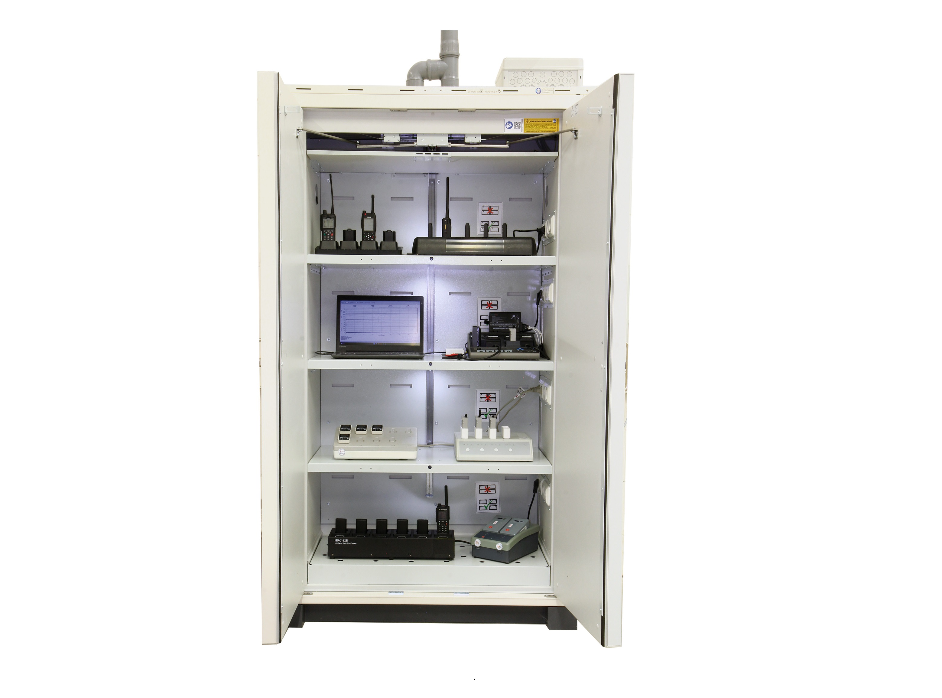 White, tall PELLENC SECURION BASIC+ 230V XL16 safety cabinet, Type 90, with open doors. Inside: 4 shelves with radio equipment, charging stations and a laptop showing diagrams. Sockets and ventilation for storing/charging Li-ion batteries.