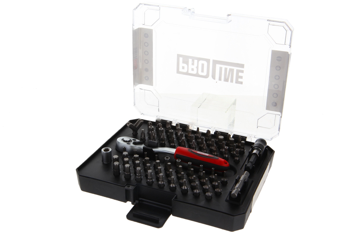 Offenes, schwarzes Kunststoff-Etui mit 81-teiligem Ratschen- und Bit-Set. Enthält diverse Bits (Schlitz, Phillips, Torx, Hex), silbernen 1/4"-Ratschenschlüssel mit rot-schwarzem Griff, magnetischen Bithalter und Adapter.