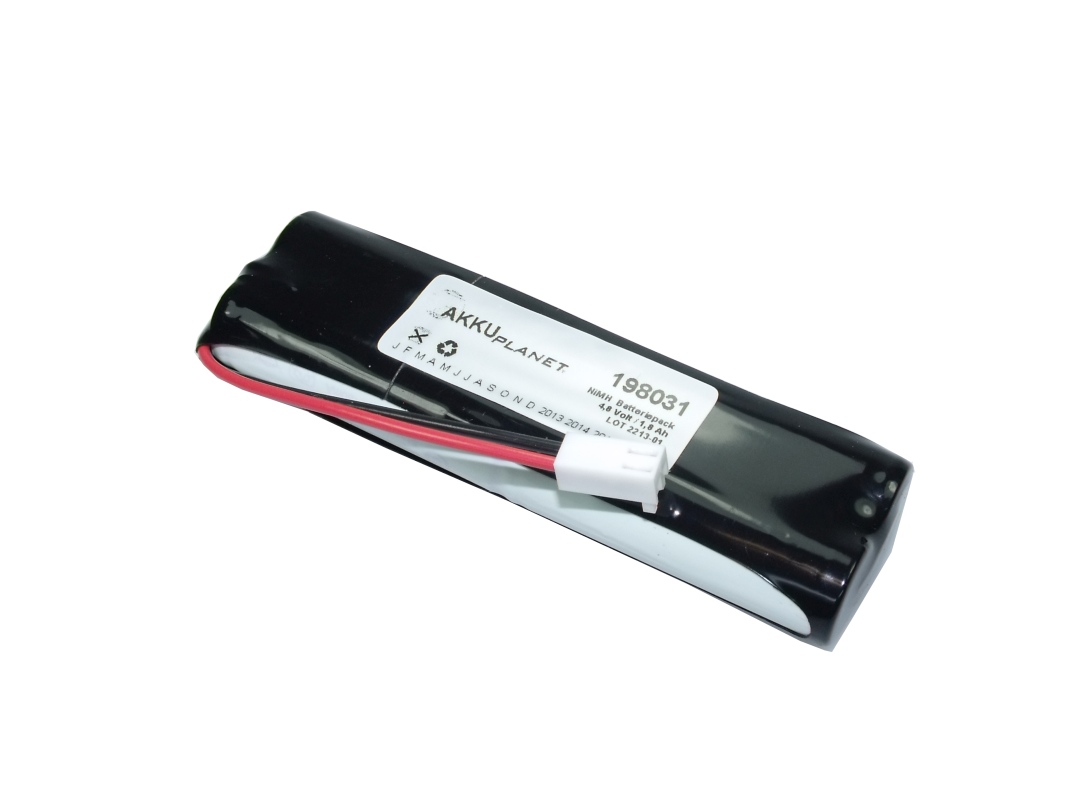 Black NiMH battery pack with a white label showing ‘akkuplanet’, ‘NiMH battery pack’, ‘4.8 volts’ and ‘1.8 Ah’. Red and black cables with a white plug. Compatible with Martel Instruments I-Stat Printer, model MCP9819-065.
