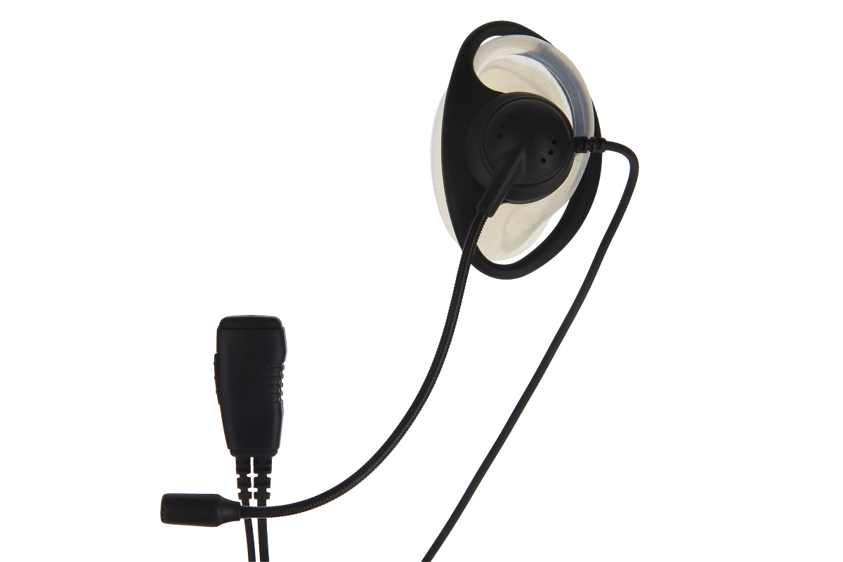 Schwarzes CoPacks Headset: Ohrhörer mit transparentem Ohrbügel und rundem Lautsprecher. Spiralkabel zur rechteckigen PTT-Einheit mit kleinem, flexiblem Bügelmikrofon. Für Sepura STP8000/STP9000 geeignet.