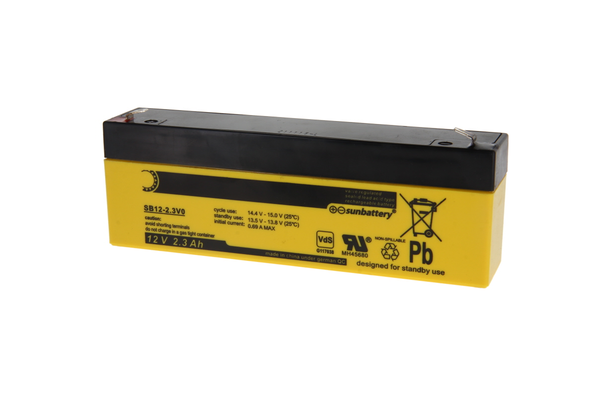 Batteria SUN al piombo-gel (AGM) di colore giallo con coperchio nero. Etichetta: modello SB12-2.3V0, 12 V 2,3 Ah, logo "SUNbattery". Avvertenze e simboli di certificazione quali VDS, UL e Pb chiaramente riconoscibili.