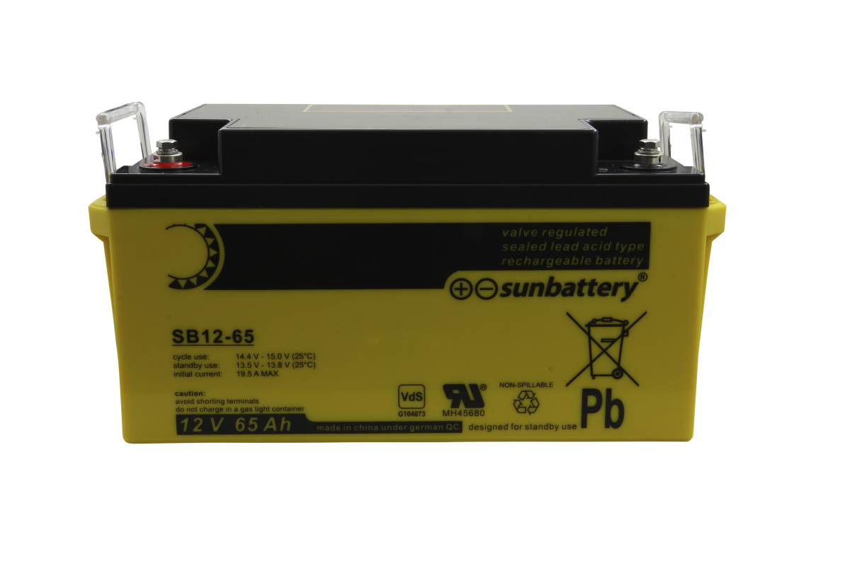 Batteria al piombo-tessuto SUN AGM SB12-65 gialla e nera, scritta "sunbattery". Dati: 12 V 65 Ah, "batteria ricaricabile al piombo-acido sigillata regolata a valvola", "non fuoriuscente", VdS. Terminali superiori con cappucci protettivi.