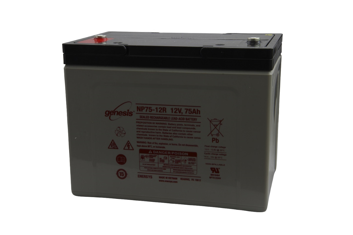 Grey rectangular Enersys Hawker lead-acid battery NP75-12 with a black cover and two screw terminals (red/silver) on top. Front label: NP75-12R 12V, 75Ah, Genesis logo and safety instructions.