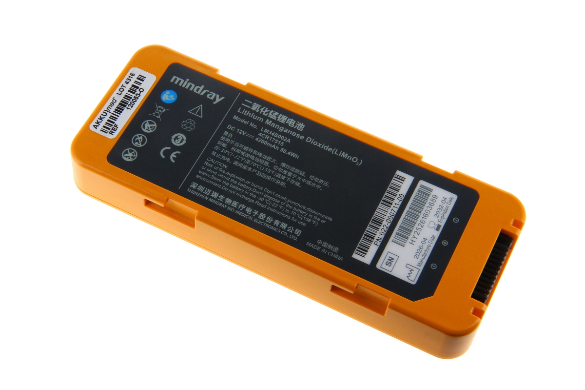 Rectangular, orange lithium battery for Datascope Mindray BeneHeart C-Series defibrillators with a black label. Mindray logo, LM34S002A, 12V, 4200mAh, 50.4Wh, EN/CN instructions, barcodes, CE, symbols. Connection on the right.
