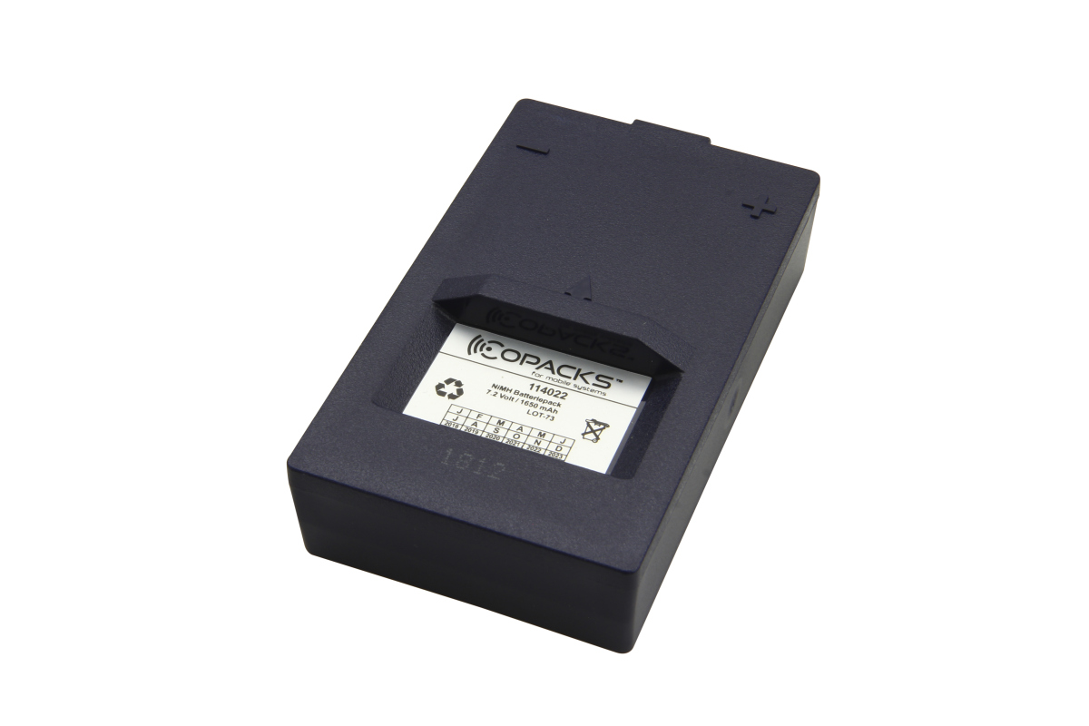 Dark grey, rectangular ‘ CoPacks ’ NiMH battery pack for HIAB/Olsberg Combi Drive 5000. White label on top featuring the ‘ CoPacks ’ logo, model 114022, 7.2 V/1650 mAh, recycling symbols. Marked with +/&minus;.