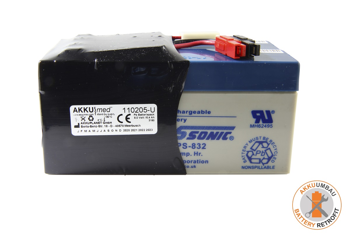 AKKUmed Batteria al piombo-gel: SONIC PS-832, 8,0 V/6,4 Ah. Rettangolare, involucro grigio con coperchio blu, morsetti rosso/nero. Ad esempio per il monitor Protocol Propaq.