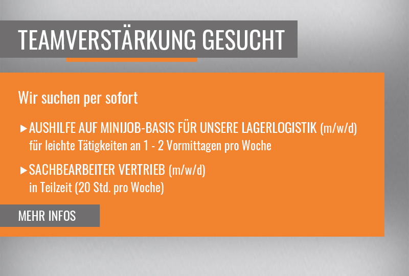 Jobbannons: "Teamförstärkning sökes". Lediga jobb: Minijob lagerlogistikassistent (1-2 förmiddagar/vecka) och säljare (deltid, 20 timmar/vecka). "Mer information".