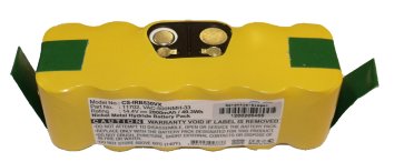 Batería NiMH amarilla con bordes redondeados, dos contactos metálicos superiores en una carcasa negra. Cintas adhesivas verdes fijan los laterales. Etiqueta: «NiMH», «14,4 V», «3000 mAh», compatible con los modelos iRobot Roomba 500.